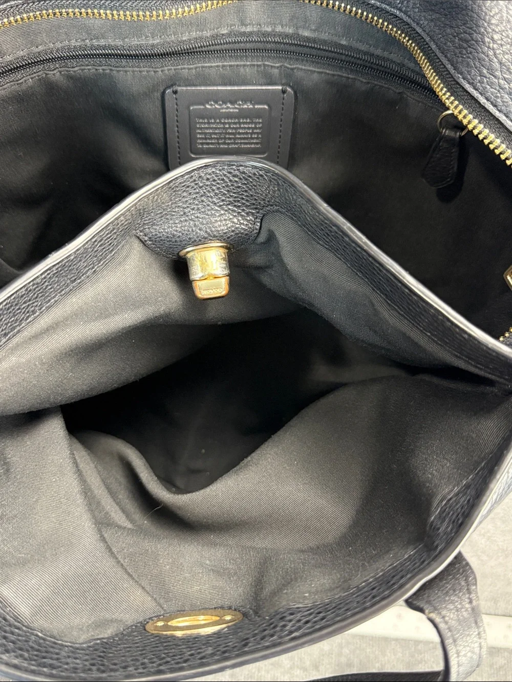 Coach Black Pebbled Soft Leather Turnlock Tote with Gold Hardware - Nice!